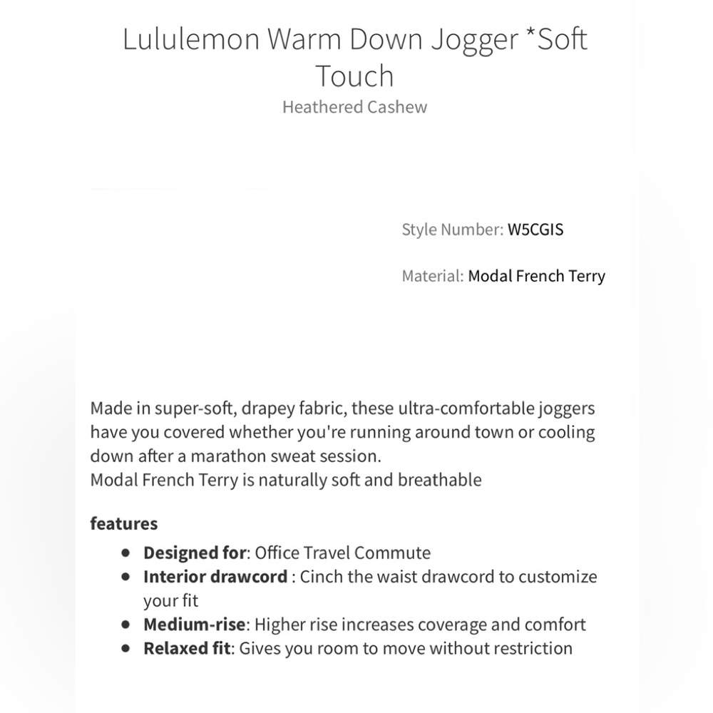 NWT Lululemon Warm Down Jogger *Soft Touch Heathered Cashew - Picture 9 of 9